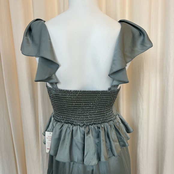 Show Me Your Mumu Reese Ruffle Dress in Silver Sage Luxe Satin size Medium - Picture 8 of 9